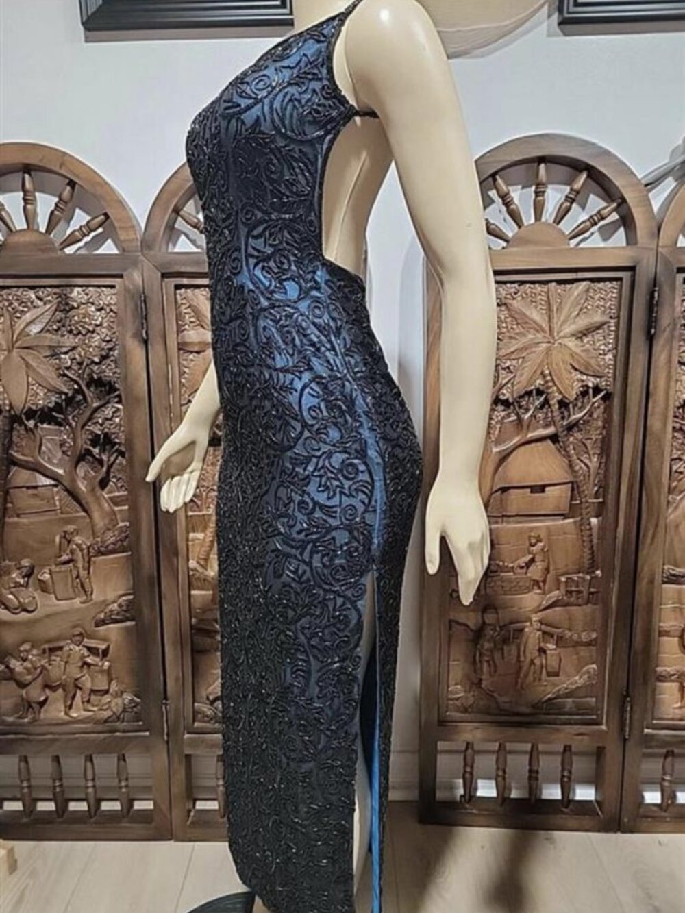 Cache Blue Black Lace Silk Overlay Maxi Dress Size S - Picture 4 of 9